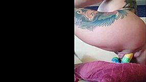 Redhead bombshell rides huge dildo with big clit close-up squirting orgasm