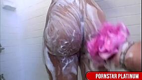 Yuri Luv Dildo Fucks Big Tits in Steamy Shower!