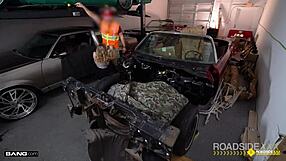 I can't get over that busty blonde babe roadside as mechanic services her car in garage