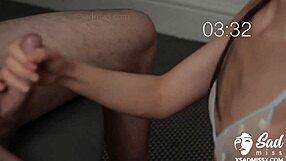 Sadmiss gives her lover the best handjob until he unloads cum all over her small Asian tits face