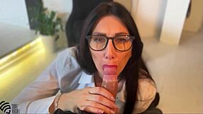 Secretary spreads legs on bed for creampie blowjob payment