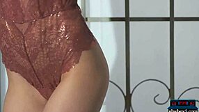 petite redhead sabina rouge 18+ slowly rips lingerie teasing her shaved pussy in solo striptease pose fest