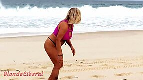 Showing off micro bikini to guys on rio beach