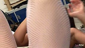 Army Girls Tease with Big Fake Tits Then Whip Out Double-Ended Dildo for Licking