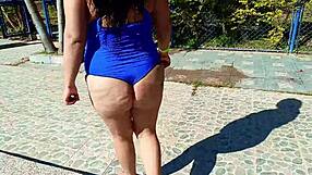 Venezuelan housewife slut flashes big ass outdoors at medellin camp humiliating cuckold husband
