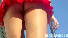 Hairy Pussy Flashes Legs in Public Miniskirt Upskirt Action