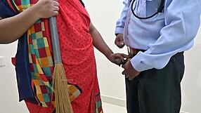 maid sneaks handjob on security guard's throbbing cock in secret hideaway