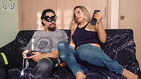 Stepbro shoves his huge cock down petite colombian stepsis throat during game play