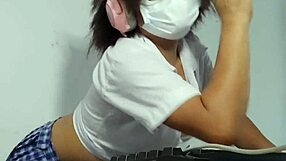 Beautiful latina student in uniform flashes her natural tits while getting excited over homework.
