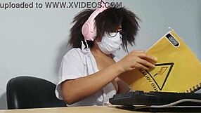 Beautiful latina student in uniform flashes her natural tits while getting excited over homework.