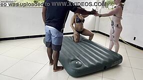 two hot amateurs with big tits and juicy pussies need help inflating mattress from talented black stud