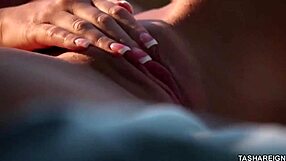 Hot Tasha Reign Poses Juicy Big Pussy Lips, Clit and Natural Tits in Lingerie.