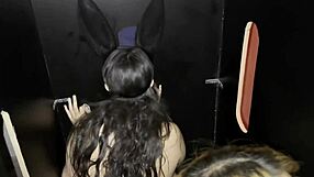 Two lesbians are relentlessly fucked in glory hole by strangers