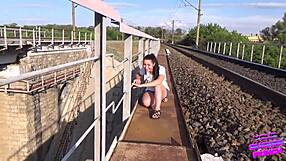 Brunette Girlfriend Bent Over Doggystyle on Train Almost Caught Sucking Big Cock