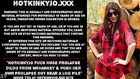 Hotkinkyjo works that huge dildo near the log pile outdoors