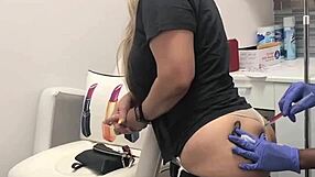 blonde tattooed client gets sneaky butt injection massage flash at spa session 2