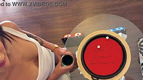 two horny cheerleader teens play dice game double handjob on monster cock