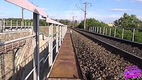 Brunette Girlfriend Bent Over Doggystyle on Train Almost Caught Sucking Big Cock