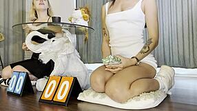 two horny cheerleader teens play dice game double handjob on monster cock