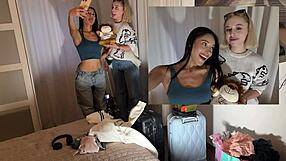 two horny cheerleader teens play dice game double handjob on monster cock