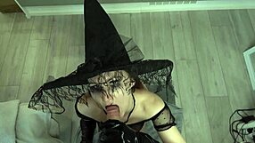 sexy witch in costume deepthroats big cock for halloween cum potion