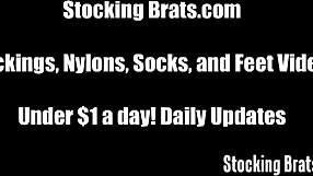 Lesbian roommates tease feet in stockings dorm play