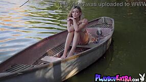 Classy blonde Russian milf Anna Lisa strips naked on boat showing off her skinny tits and pussy