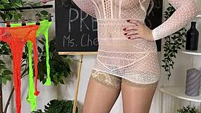 Teacher in fishnets and heels teases with big tits and feet?