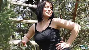 Cute curvy teen titty fucks outdoors in public field