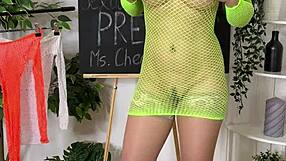 Teacher in fishnets and heels teases with big tits and feet?