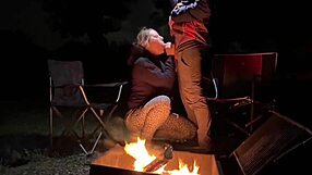 Curvy amateur couple fucks pussy outdoors at camp, risking getting caught