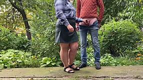 Chubby Cougar MILF Flashes Big Tits and Begs Son-in-Law to Cum on Her Leather Miniskirt Outdoors