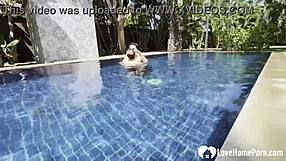 Hot babe swims then teases cock poolside in homemade couple fun