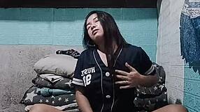 your cute asian roommate strips panties in dorm getting all worked up