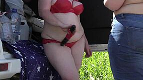 A voyeur's hidden camera spies chubby mature lesbians big asses in sexy lingerie public park outdoors amateur fetish