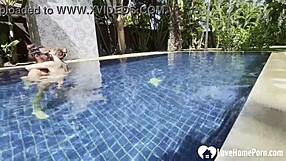 Hot babe swims then teases cock poolside in homemade couple fun