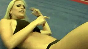 Two curvy blondes wrestle into face sitting and pussy licking action