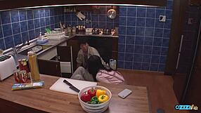 Old man eats young girl's hairy big-clit cunt in kitchen till she screams.