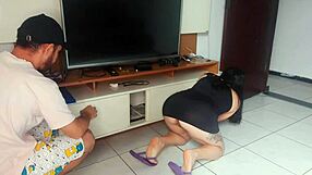 Sexy wife in provocative outfit greets tv tech and gets intimately close all over