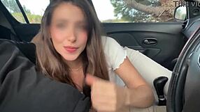 Cute Petite Teen Whore Sucks Boss Cock in Car on Break Voyeur Window Peek