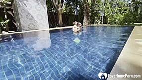 Hot babe swims then teases cock poolside in homemade couple fun