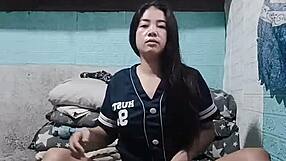 your cute asian roommate strips panties in dorm getting all worked up