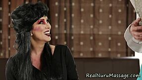 masseuse jerks off client until massive jizz explosion hits her