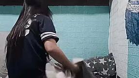 your cute asian roommate strips panties in dorm getting all worked up