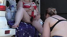 A voyeur's hidden camera spies chubby mature lesbians big asses in sexy lingerie public park outdoors amateur fetish