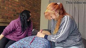 Two shy petite girls handle my massive cock in double handjob play