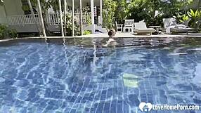 Hot babe swims then teases cock poolside in homemade couple fun