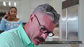 Horny stepdaughter seduces daddy with squirting footjob cheating heat.