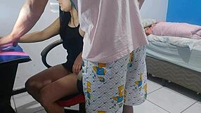 Sexy wife in provocative outfit greets tv tech and gets intimately close all over