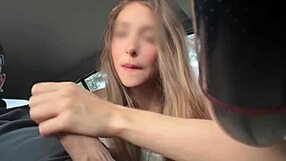 Cute Petite Teen Whore Sucks Boss Cock in Car on Break Voyeur Window Peek